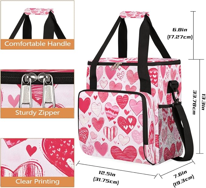 Valentine Pink Red Heart Coffee Maker Carrying Bag Coffee Machine Travel Storage Bag Compatible with K-Mini or K-Mini Plus Portable Single Serve Coffees Brewer Case with Pockets for K-Cup Pods