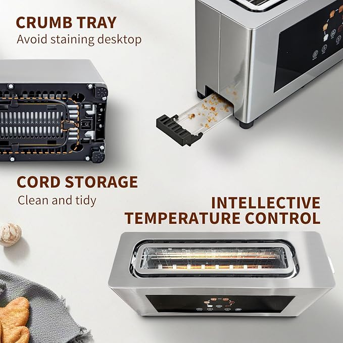 Touch Screen Toaster with LCD Display Slim Toaster 2 Slice - Long 10 Slot for Baguettes &amp Extra Wide 1.6 Slot 6 Browning Levels 1200W Space Saving