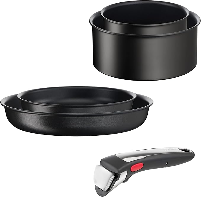 Tefal Ingenio Unlimited On 5 Piece Set Pots &amp Pans Set Stackable Easy Cleaning Bakelite Removable Handle Non-Stick Coating Heat Indicator Induction Black L3959543