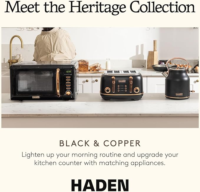 Haden Heritage 4 Slice Wide Slot Stainless Steel Toaster Bundled with 1.7 Liter Stainless Steel Electric Water Kettle Black &amp Copper