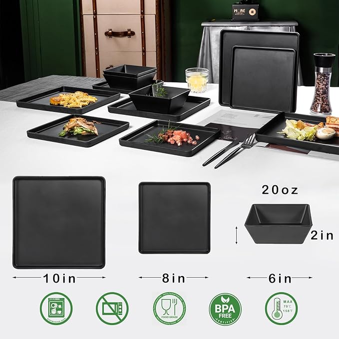 Melamine Dinnerware Sets - 12pcs Square Plates and Bowls Set Dishes Set Black