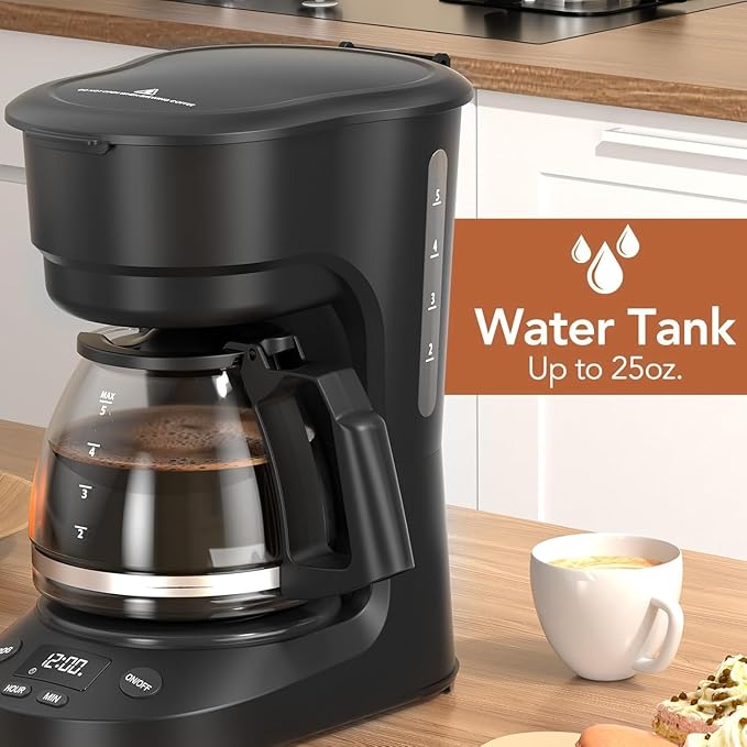 5 Cup Programmable Drip Coffee Maker 24H Delay Brew 2H Keep Warm &amp Auto Shut Off Pause &amp Serve Reusable Filter Glass Coffee Pot Small Coffee Machine for Home Office