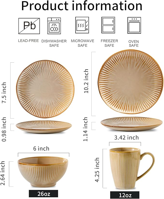 HVH Stoneware Dinnerware Sets 16 Pieces Plates and Bowls Sets Kitchen Dishes Set for 4 Dinner Dessert Plates Cereal Bowls and mugs for Party and Dinner Farmhouse Style (Sand Color)