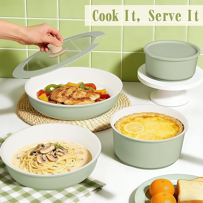 Umite Chef Non Stick Pots and Pans Set 21 Pcs Ceramic Kitchen Cookware Set with Detachable Handle Nonstick Healthy Induction Cookware Dishwasher RV Cookware Set Oven Safe Stackable Sage Green