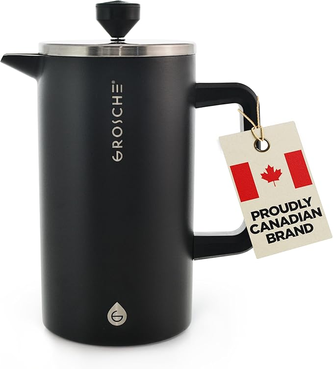 GROSCHE Dub'lin Stainless Steel Coffee Maker French Press 8 Cup | 34 FL Oz Coffee Press 18/8 Double Walled Stainless Steel French Press Coffee Maker - Hot/Cold Brew | Stainless French Press - BLACK