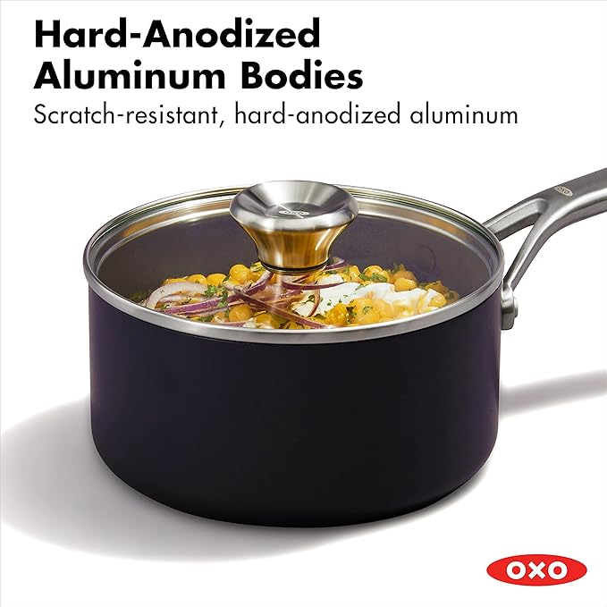 OXO Hard Anodized PFAS-Free 10 Piece Cookware Pots and Pans Set Induction Diamond reinforced Coating Oven Safe Black &amp Hard Anodized PFAS-Free 1.7QT and 2.3QT Saucepan Pot Set with Lids Bla