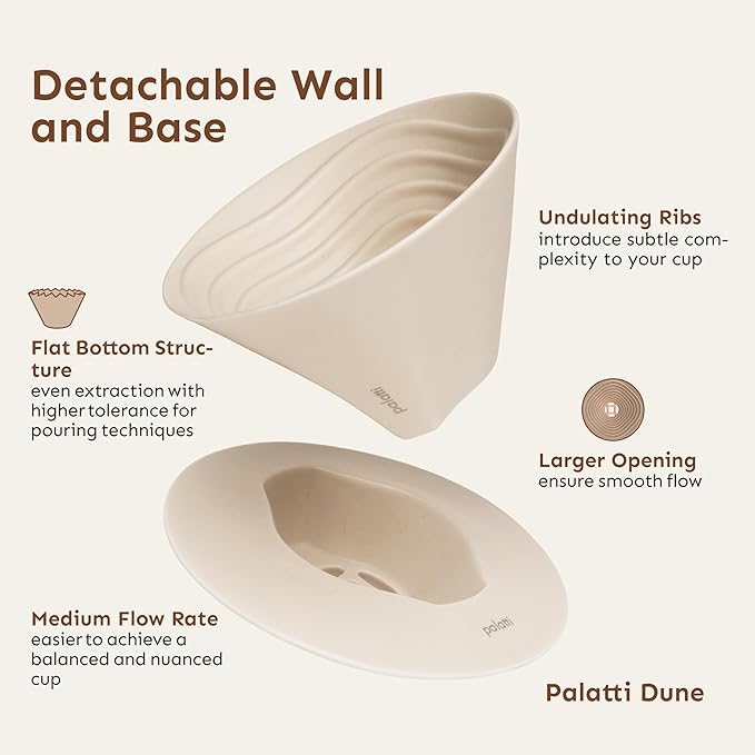 Palatti Dune Porcelain Pour Over Coffee Dripper Ceramic Pour Over Coffee Maker Adapt to 185 or 155 Flat Bottom Basket Filters Medium Flow Rate Interchangeable Wall and Base 1-4 cups