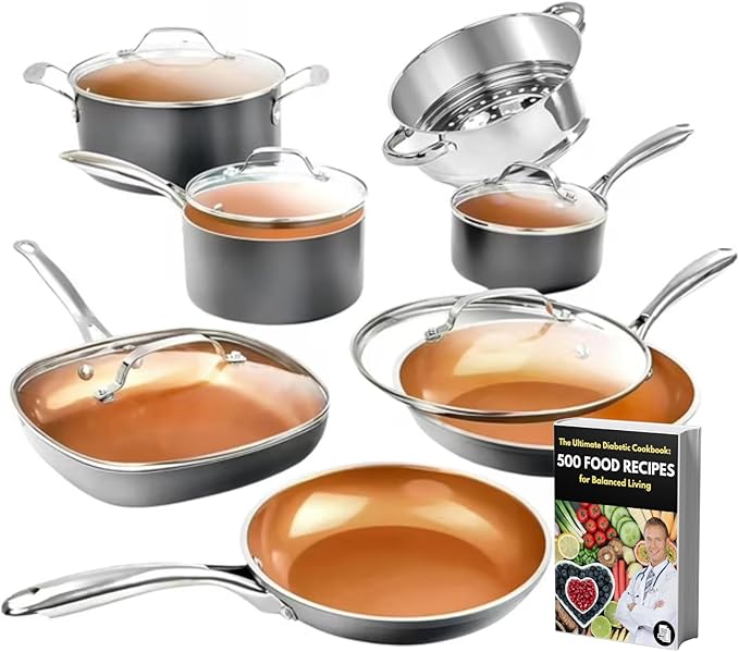 12-Piece Nonstick Ceramic Cookware Set – Pots &amp Pans Kitchen Set with Lids Oven-Safe All Cooktop Compatible Includes Frying Skillet Saucepan &amp Stockpot