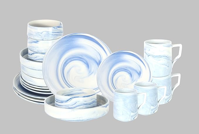 Fine China Artisan Marbled 20pc Dinner Set Blue