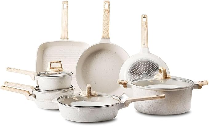 19 Piece Pots and Pans Set - Nonstick Granite Cookware - Induction Ready - Kitchen Cookware Set - White