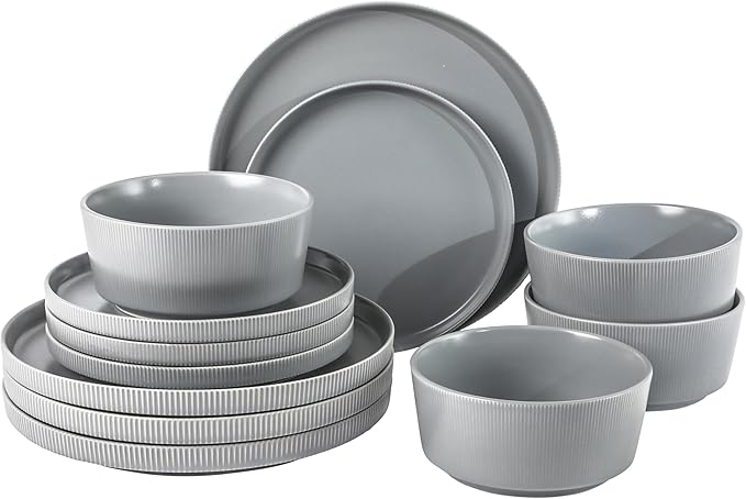 Gibson Home Dempsey Road 12-Piece Stoneware Dinnerware Set – Service for 4 Round Grey Plates and Bowls Durable Solid Color Modern Embossed Dish Set Microwave &amp Dishwasher Safe