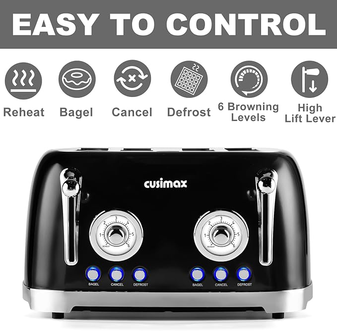 CUSIMAX Toaster 4 Slice Retro Toaster with Wide Slots for Bagels Stainless Steel with 6 Toast Settings Bagel Cancel Defrost &amp Reheat Functions Dual Independent Control Panels Black