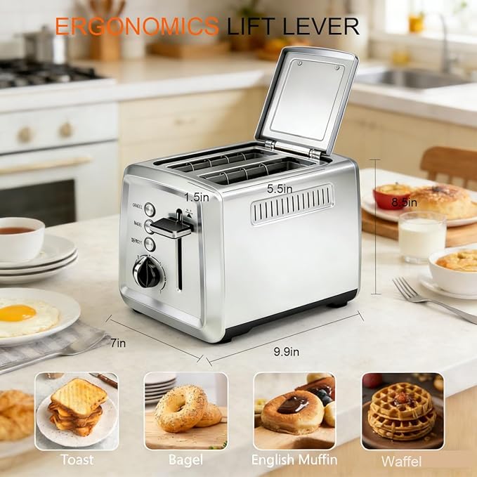 2 Slice Toaster with LidStainless Steel Toaster with Extra Wide Slots for Bagels Muffins High Lift Lever 7 Shade Settings900 Watts Toasters