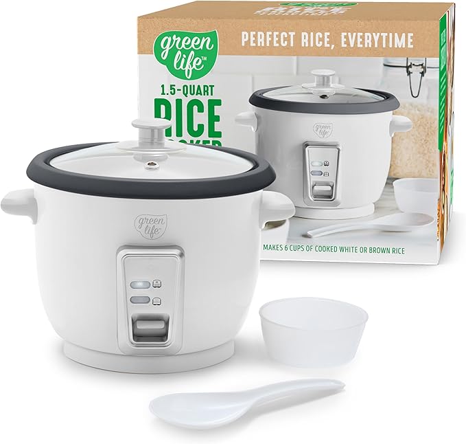 GreenLife Rice Cooker with Removable PFAS-Free Ceramic Nonstick Pot 3-Cups Uncooked/6-Cups Cooked Grains &amp Oatmeal Multicooker Compact One-Switch Design Auto Keep Warm Easy Clean White