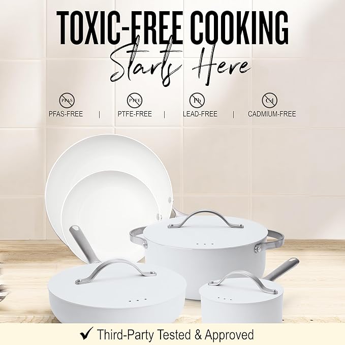 Alva Mobi 8-Piece Ceramic Nonstick Cookware Set – No PTFE PFOA PFAS Toxin-Free Pots &amp Pans with Stay-Cool Handles – Works on All Stovetops Oven Safe (400°F) Healthy &amp Easy to Clean Canol