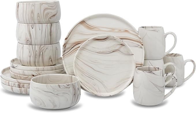 Marble Pattern Dinnerware Set 16 Piece Ceramic Dishes and Mugs Modern Swirl Design Beige and Brown