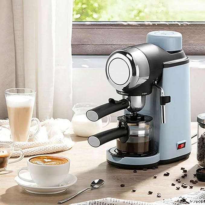 Espresso Coffee Maker 240ml Small Automatic Hand Grinding Coffee Machine with Steam Milk Frother Cappuccino Latte Machine with Latte Art Cup Coffee Pot for Home Office (Blue