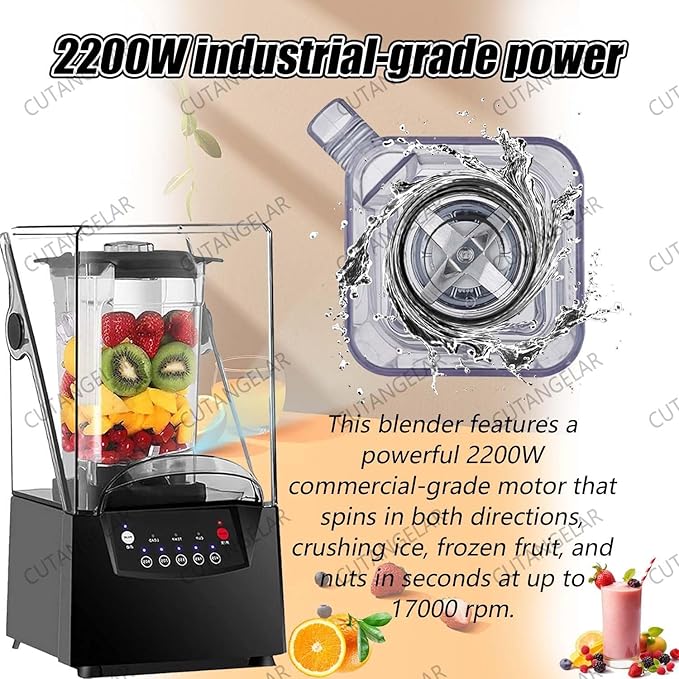 Commercial Blender 2200W with Soundproof Cover - 2L Large Capacity Quiet Professional Blender 5 Preset Speeds 17000 RPM Ice Crushing for Crushing Smoothies and Milkshakes