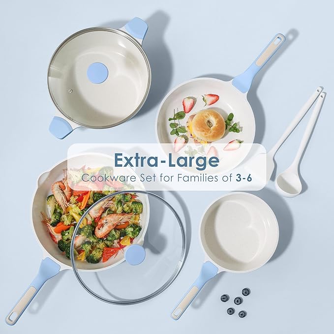 SENSARTE Nonstick Ceramic Cookware Set Large 13-Piece Healthy Pots and Pans Set Dishwasher Safe Non-toxic Kitchen Cooking Set with Stay-Cool Handles Induction Compatible PFAS Free Blue
