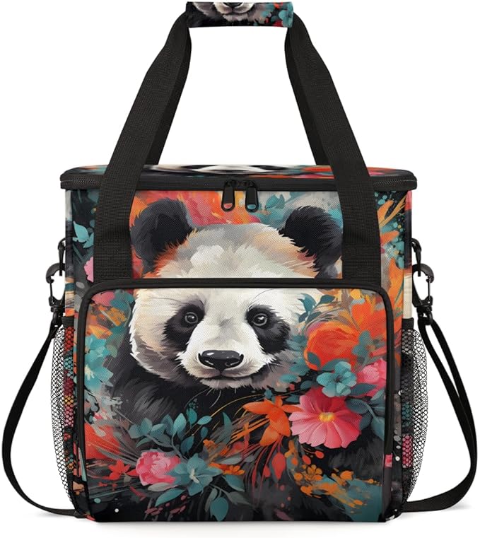 Cute Panda Coffee Maker Carrying Bag Oil Painting Floral Travel Storage Bag Compatible with K-Mini or K-Mini Plus Single Serve Coffee Brewer Carrying Case with Multiple Pockets &amp Shoulder Strap