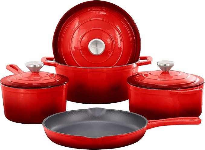 MegaChef 7 Piece Enameled Cast Iron Cookware Set in Red