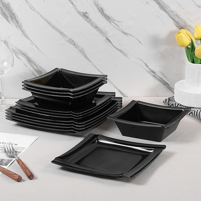 Square Melamine Dinnerware Sets of 12 PcsSquare Plates and Bowls SetsUnbreakable Dish Set for 4Lightweight Dishwasher Safe and BPA FreeSuit for RVCamping（Black）