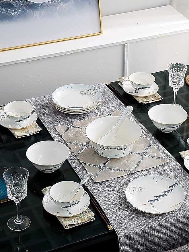 Dinnerware Set Dinner Party Tableware Service Set 11/28/50 PCS Chinese Style Dinnerware Set Bone China High-Value Tableware Bowl and Plate Set Home Gift Service (One Color 50pcs)