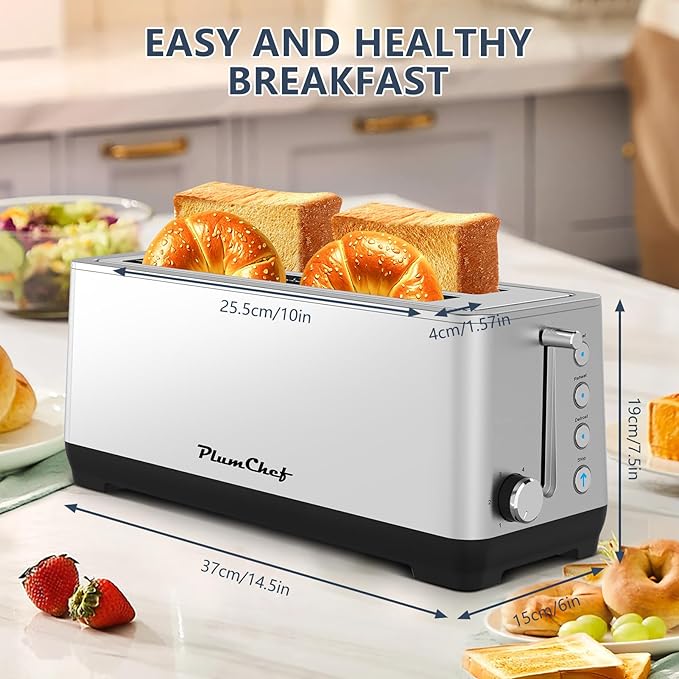 4-Slice Extra Wide Long Slot Toaster (Silver 1500W) - Stainless Steel Removable Crumb Tray 6 Browning Settings &amp Bagel/Defrost/Reheat Functions