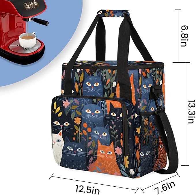 Abstract Cats Coffee Maker Travel Bag for Keurig K-Mini/K-Mini Plus Insulated Waterproof Tote with Pockets for K-Cup Portable Single-Serve Brewer Case
