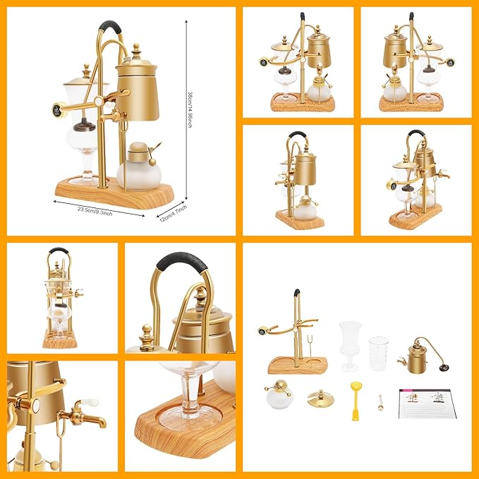 Siphon Coffee Maker 400ml/13.53oz Manual Extract Coffee and Brew Tea Tool Belgian/Belgium Retro Coffee Brewer with Alcohol Burner Commercial/Domestic Balance Vacuum Coffee Pot 9.3*4.7*14.96in Gold