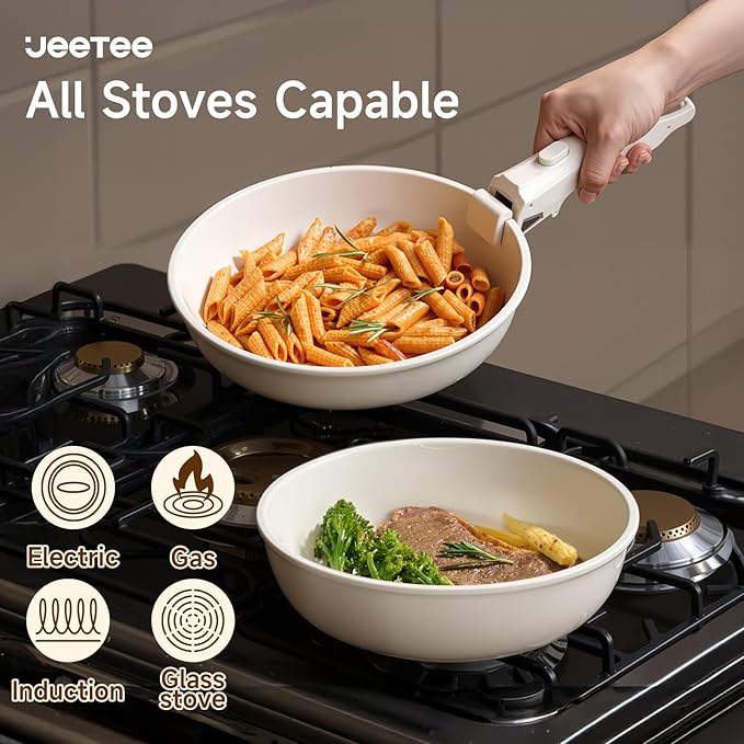 JEETEE Pots and Pans Set Non Stick 19pcs Kitchen Cookware Sets with Detachable Handle Induction Nonstick Cookware Set with Removable Handle Stackable RV Cookware Oven Safe PFAS/PFOA Free Beige
