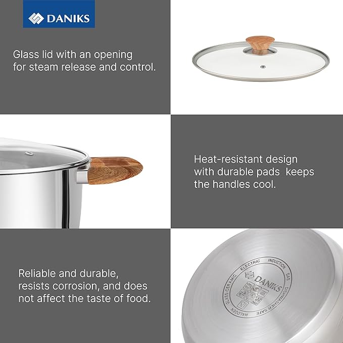 Daniks Oslo 10-Piece Stainless Steel Cookware Set with Glass Lids Includes Saucepan and Frying Pan with Lid Tri-Ply Bases for Even Heating Induction Compatible Dishwasher Safe Bakelite Handles