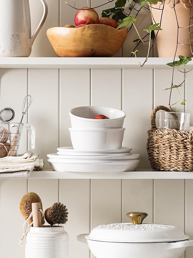 LE TAUCI Ceramic Plates and Bowls Set for 6 18-Piece Ceramic Dinnerware Set Farmhouse Dishes Set Microwave &amp Dishwasher Safe Stackable 10 Dinner+8 Salad Plates+6 Bowls White