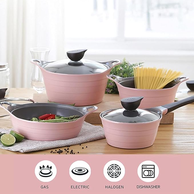 Neoflam Eela 8-Piece Pink Ceramic Nonstick Chef Cookware with Glass Lid Kitchen Pot and Pan Cooking Set Ceramic Coating Easy to Clean Great Gift for Kitchen Made in Korea
