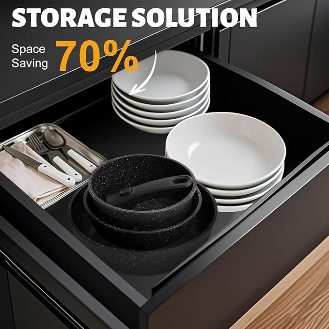Numola 10 pcs Pots and Pan Set Non Stick with Detachable Handle Ceramic Cookware Set for Stackable Induction Kitchen Cookware Set for RV Dishwasher ＆ Oven Safe Black
