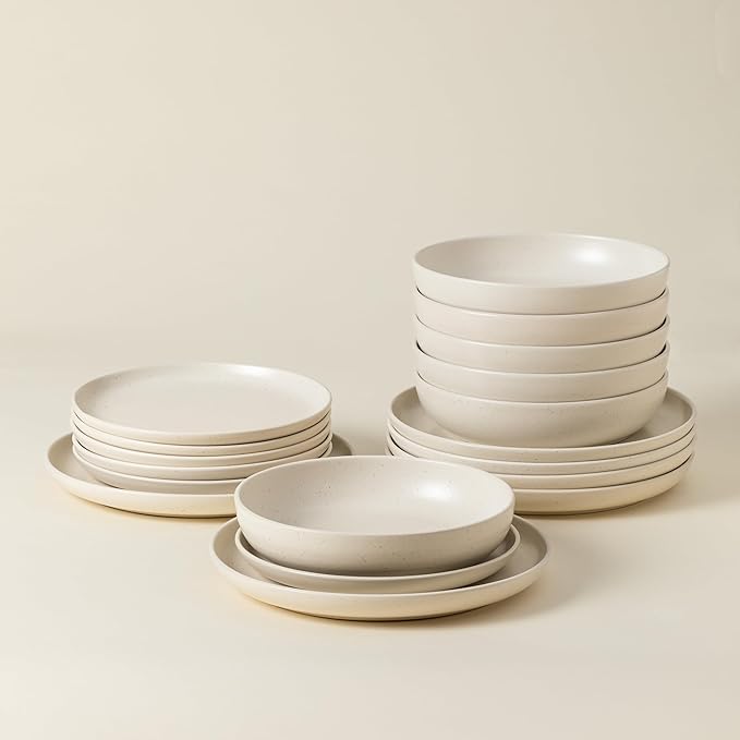 Casafina Ceramic Stoneware 18-Piece Place Setting Service for 6 with Pasta Bowls - Pacifica Collection Vanilla | Microwave &amp Dishwasher Safe Dinnerware Set | Food Safe Restaurant Quality Tablewar