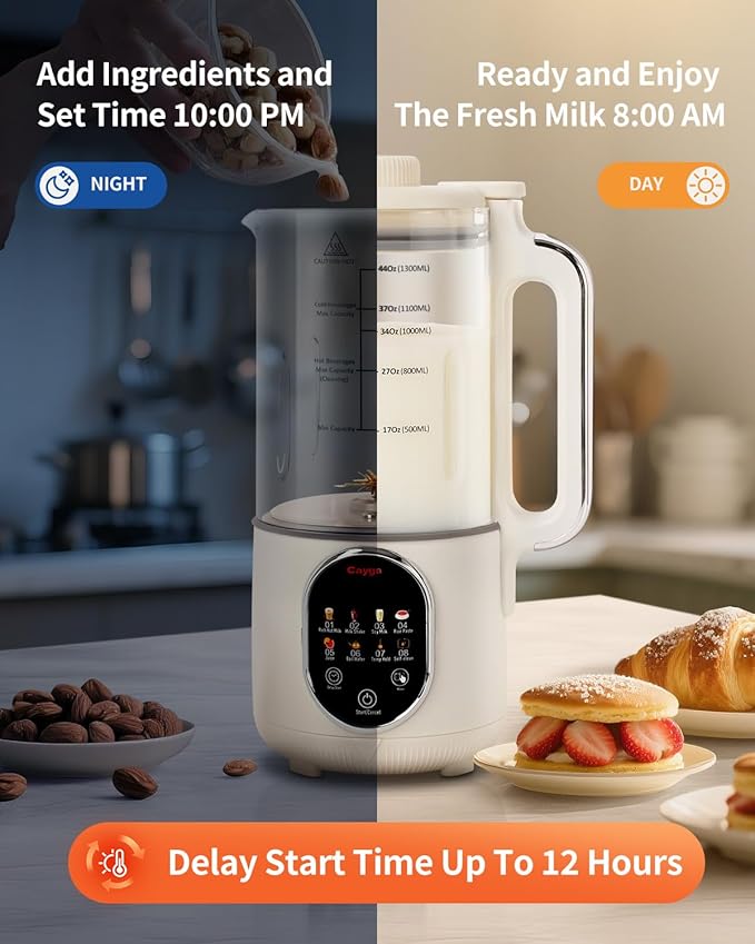44oz Homemade Nut Milk Maker Machine Soy Milk Maker Homemade Almond Oat Juice Coconut for Plant-Based Drinks with Self Clean Boil Water Delay Start Keep Warm 12-Hour Smart Timer