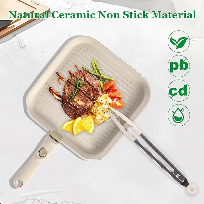12 PCS Kitchen Cookware Set Aluminum non stick pan Removable &amp microwaveablewith Induction Pot Pan Set for RV CookwareOven Safe PFOA Free(White)