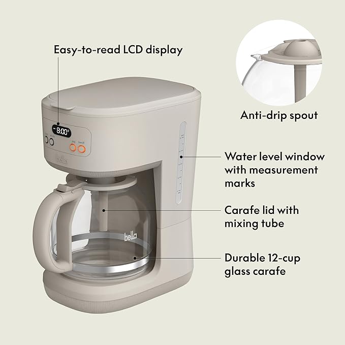 BELLA 12 Cup Programmable Coffee Marker Reusable Dishwasher Safe Accessories Easy LCD diaply Auto Shutoff 900 watt Oatmilk