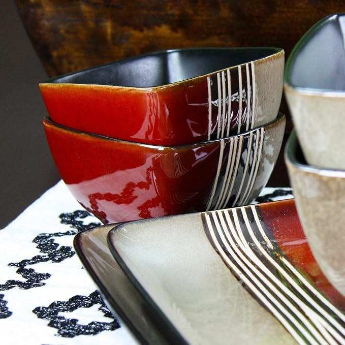 16-Piece Modern Stoneware Dinnerware Set with Double Bowl Design – Service for 4 Contemporary Color Block Plates &amp Bowls (Red)