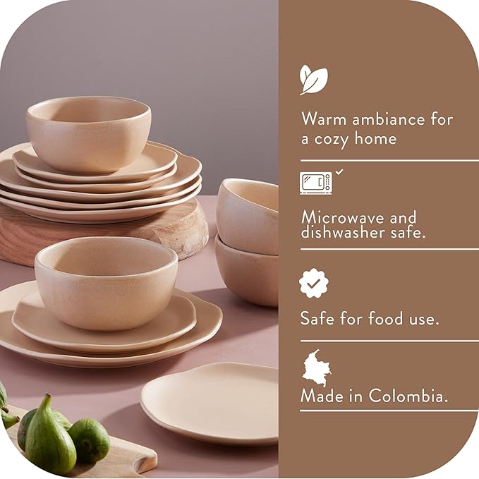 Corona Dinnerware Set 12–piece Plates and Bowls Set Ceramic Sets for 4 Microwave and Dishwasher Safe Areia Modern Organic Shape.