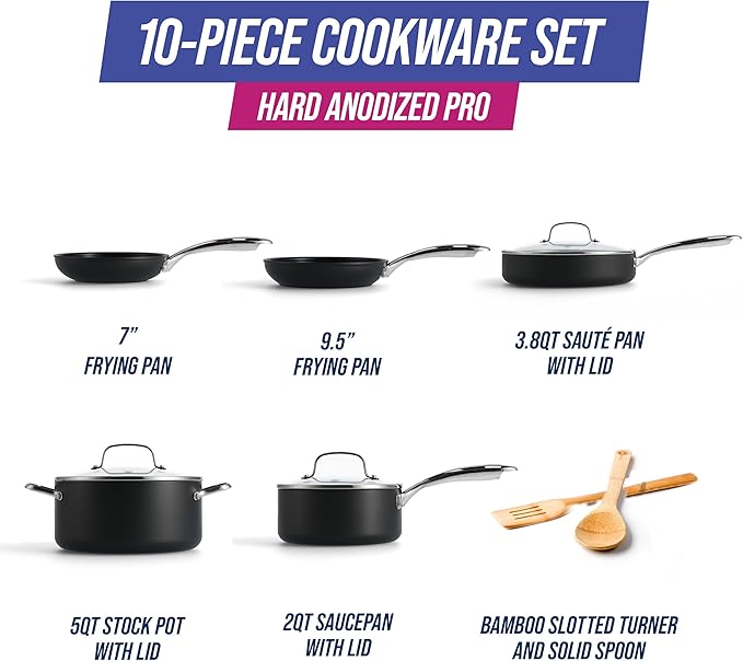 Blue Diamond Cookware Hard Anodized Ceramic Nonstick 10 Piece Cookware Pots and Pans Set Non-Toxic PFAS-Free Dishwasher and Oven Safe Durable Even Heating Metal Utensil Safe Gray