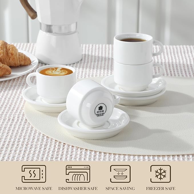 MALACASA Plates and Bowls Sets bundle with 2.5 OZ Porcelain Espresso Cups with Saucers and Metal Stand Set of 4 12 Pieces Porcelain Dinnerware Sets Dishware Sets