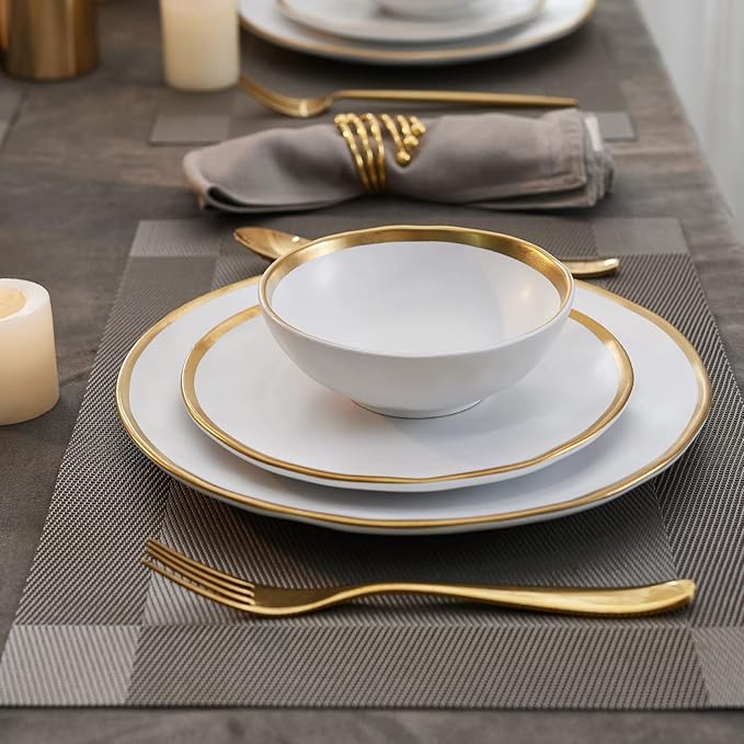 White Luxury Plates and Bowls Sets 12 Piece Porcelain Dinnerware Sets Service for 4 Modern Dinner Plates Set Gold Rim Dish Set for Wedding Anniversary Birthday