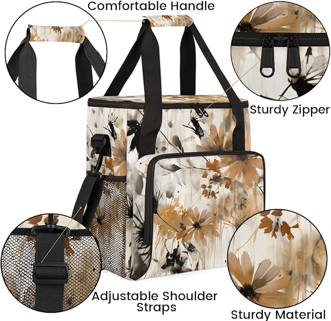 Retro Brown Flowers Coffee Maker Carrying Bag Portable Travel Storage Tote Bag Compatible with K-Mini or K-Mini Plus Single Serve Coffee Brewer Carrying Case with Multiple Pockets &amp Shoulder Str