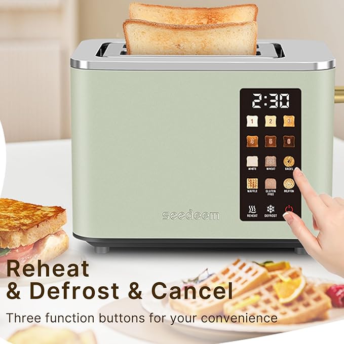 2-Slice Toaster with Touch Control 6 Shade Settings &amp 6 Bread Type 900W Removable Crumb Tray Countdown Display Smart Stainless Steel Design Green