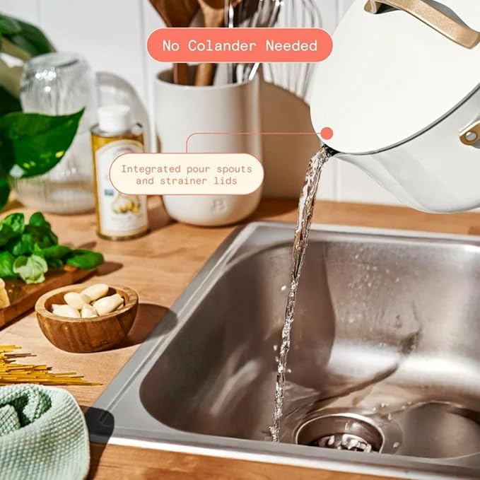 Pans 12pc Ceramic Non-Stick Cookware Set by Drew Barrymore Pots &amp Pans with Lids Dishwasher‑SafeSoft‑Touch Handles Even‑Heat Base. (White Icing)