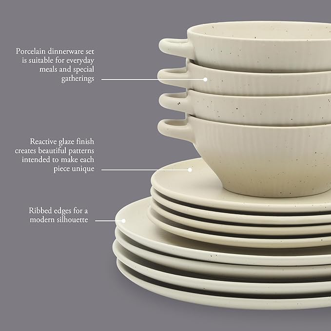 Gibson Elite Clover Hill 12-Piece Stoneware Dinnerware Set – White Cream Embossed Plates and Bowls with Matte Speckled Reactive Glaze Service for 4 – Microwave &amp Dishwasher Safe