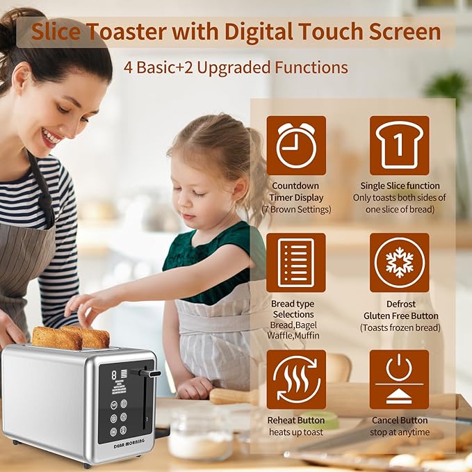 Smart Toaster Digital Tuch Screen Toasters with 5 Bread Selection 7 Shade Setting and Bagel/Defrost/Cancel/Reheat Function 1.5” 2 Slice Stainless Steel Tostadora with Removable Crumb Tray