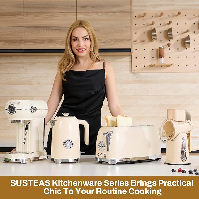 SUSTEAS Toaster 4 Slice Wide Slot Stainless Steel Bread Bagel Toasters Retro Long Slot Tostadora for Defrost Reheat Removable Crumb Tray 1500W 6 Browning Settings Beige